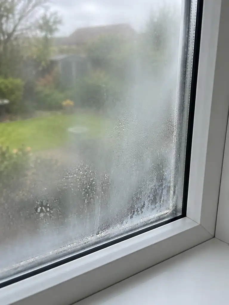 Misting between the panes of a double-glazed window, a sign of a failed sealed unit